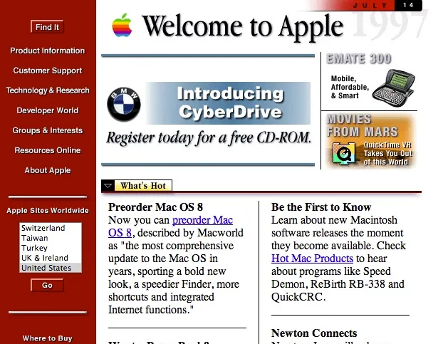 The Welcome page of the Apple website in a 2 column format - 1990s era